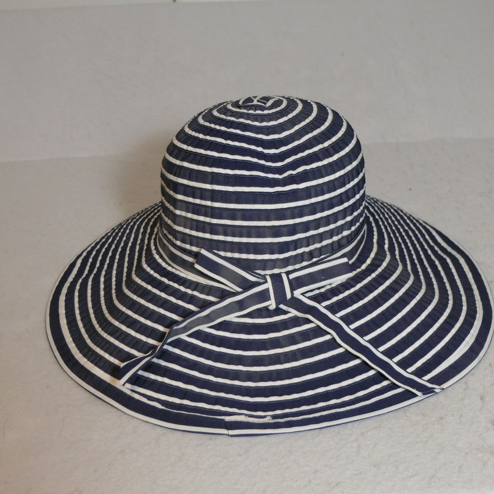 Magid Women Sun Hat OS Navy White Striped Nautical Coastal Wide Brim Beachwear